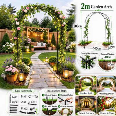 Metal Garden Arch Trellis 2m - 200cm Outdoor Climbing Plant Support ...