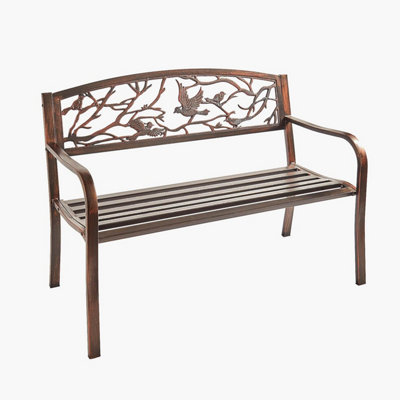 Metal Garden Bench, Bird & Branch Design, Bronze Effect, Weatherproof Steel, 123cm