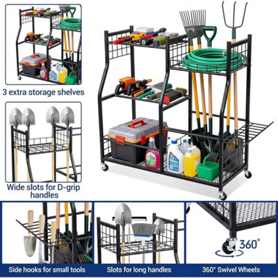Metal Garden Tool Organizer with Wheels for Garage Yard Tools Storage ...