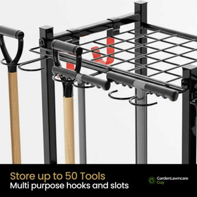 Metal Garden Tool Storage Rack with Hooks, Garden Lawncare Guy
