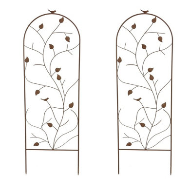 Metal Garden Trellises Plant Climbing Rose Supports 120cm Rust Effect Bird & Leaf Set of 2