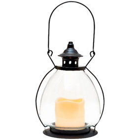Metal & Glass Candleholder Shepherds Lantern & LED Candle - Freestanding or Hanging Decoration - Measures H28cm x 15cm Diameter