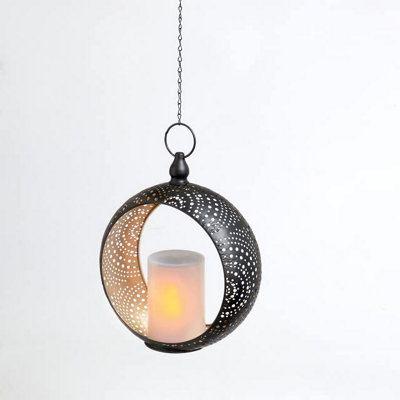 Metal Hanging Lantern with Solar Powered LED Candle - Black & Gold Garden Ornament Light with Cut Out Pattern - H60 x W24 x D10cm