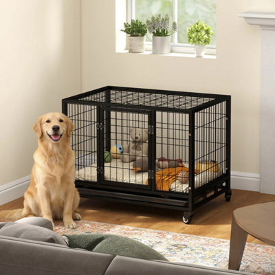 Metal Kennel Cage with Wheels and Crate Tray for Pet Dog Medium Black