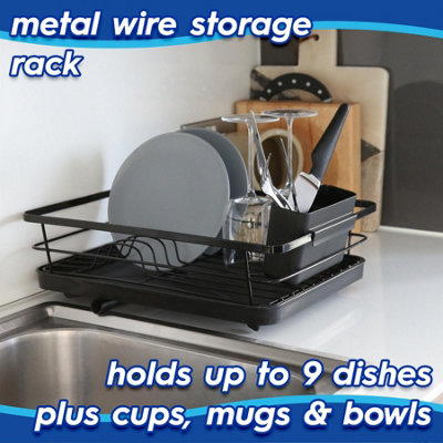 Metal Kitchen Dish Drainer Rack with Drip Tray Drying Storage Sink Board - Black