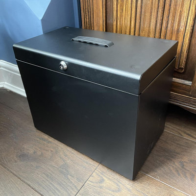 Metal Lockable File Box with 5 Suspension Files - Store & Organise Paperwork & Important Documents - Black, H30 x W37 x D22cm