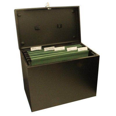 Metal Lockable File Box with 5 Suspension Files - Store & Organise Paperwork & Important Documents - Black, H30 x W37 x D22cm