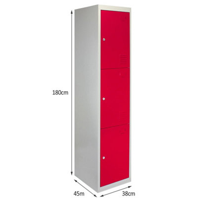 Metal Lockers 3 Doors Steel Flatpack Storage Lockable Gym School Red
