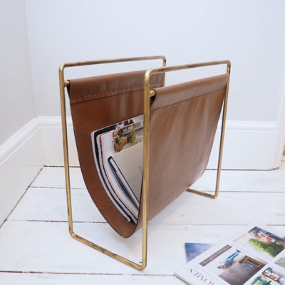 Metal Magazine Rack with Leather Look - Magazine Holder Brass