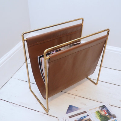 Metal Magazine Rack with Leather Look - Magazine Holder Brass