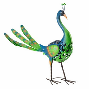 Metal Peacock Ornament, Bird Statue, Outdoor Painted Sculpture for Pathways, Patios & Borders, Height 58cm
