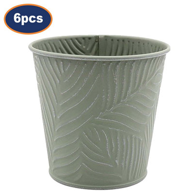 Metal Planter 6pc Pastel Green 1.1L Embossed Leaf Plant Flower Decor Pots Garden