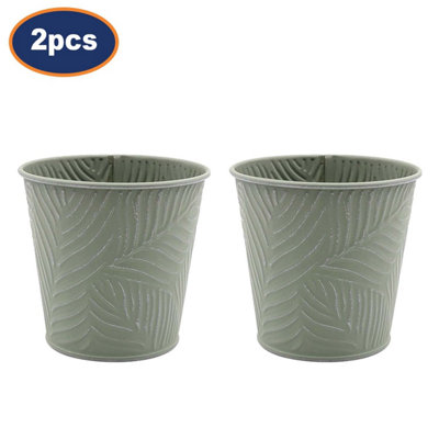 Metal Planters 2pc Pastel Green 1.1L Embossed Leaf Plant Flower Decor Pots Garden