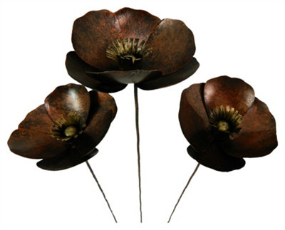 Metal Poppy Flower Ornament on 100cm stick - Set Of 3 Bronze