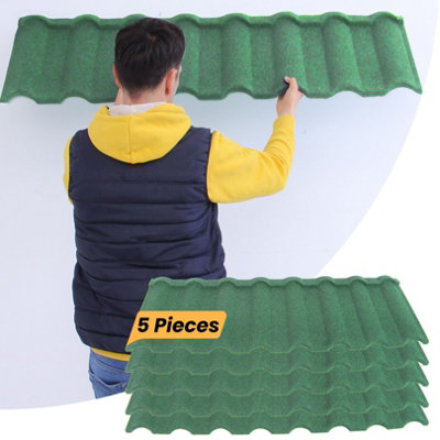 Metal Roof Shingles - Pack of 5 Pcs Covers 2.37m², Galvanized Zinc Green Stone Coating Corrugated Roofing Tile for Homes, Sheds