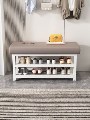 Metal Shoe Bench with Storage Shelf Upholstered Entryway Seat with ...