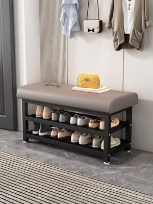 Metal Shoe Bench with Storage Shelf Upholstered Entryway Seat with Adjustable Feet, Compact Hallway Organizer Furniture Black 60cm