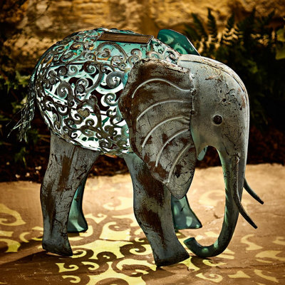 Metal Solar Powered Light Up Elephant Ornament - Weather