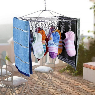 Metal Stainless Steel Sock Hanger Drying Rack with 36pcs Pegs and Swivel Hook