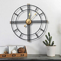 Metal Wall Clock Black Metal Home Decor Clock for Living Room Bedroom Kitchen 600mm (Gold Hands)