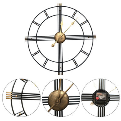 Metal Wall Clock Black Metal Home Decor Clock for Living Room Bedroom Kitchen 600mm (Gold Hands)