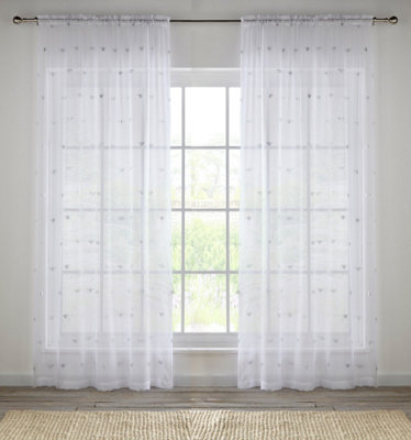 Metallic Bee White Print Linen Look Voile Panel - Pair 140 x 122cm (55x48")