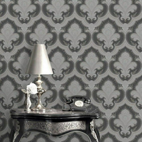 Metallic Damask Wallpaper Design ID Silver Black Textured Traditional Vinyl