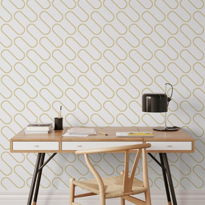 Metallic Gold White Linear Curve Wavey Lines Minimalist Feature Wallpaper