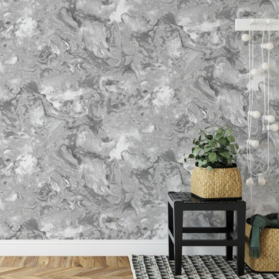 Metallic Ripple Liquid Marble Elixir Swirl Grey Silver Shimmer Wallpaper WD0040