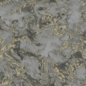 Metallic Ripple Liquid Marble Swirl Charcoal Grey Gold Shimmer Wallpaper WD0043
