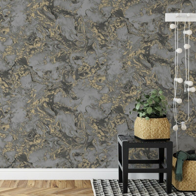 Metallic Ripple Liquid Marble Swirl Charcoal Grey Gold Shimmer ...