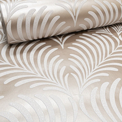 Metallic Rose Gold White Glitter Feather Leaf Trail Rasch Wallpaper ...