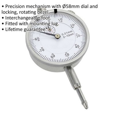 Metric Dial Gauge Indicator - 10mm Travel - Mounting Lug - Rotating Bezel