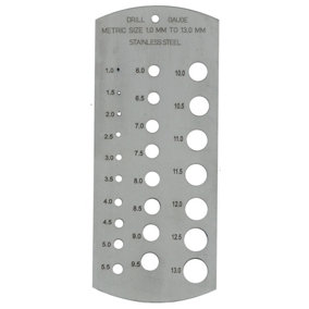 Metric Fractional Drill Size Gauge  1 to 13mm  Measure Hole Guide Stainless Steel