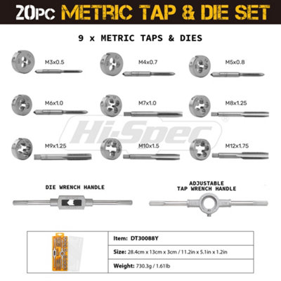 Metric Tap & Die Set Complete M3 to M12 Tapping and Threading Tools Hi-Spec 20pc