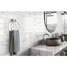 Metro Bevelled White Gloss Marble Calacutta Ceramic Wall Tiles 100mm x 200mm (Pack of 50 w/ Coverage of 1m2)
