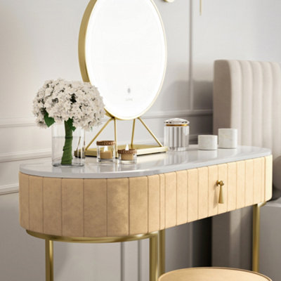Miami Deco Cream Velvet Dressing Table with LED Touch Sensor Mirror
