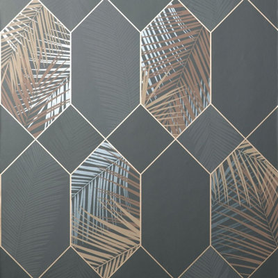 Miami Geometric Leaf Wallpaper Charcoal / Copper Fine Decor FD42833