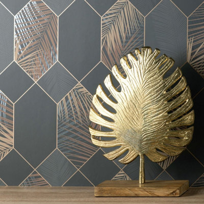 Miami Geometric Leaf Wallpaper Charcoal / Copper Fine Decor FD42833