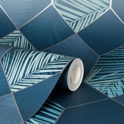 Miami Geometric Leaf Wallpaper Navy / Silver Fine Decor FD42837