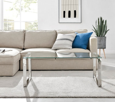 Miami Modern Rectangular Clear Glass Coffee Table with Square Silver Chrome Metal Legs for Minimalist Living Room
