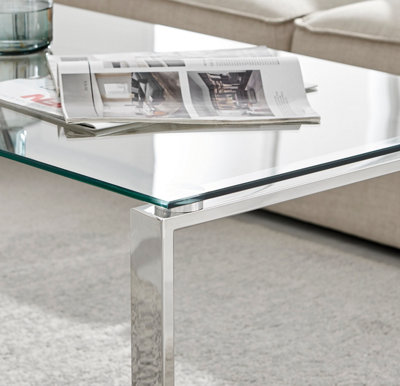 Miami Modern Rectangular Clear Glass Coffee Table with Square Silver Chrome Metal Legs for Minimalist Living Room