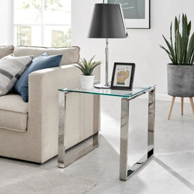Miami Modern Square Clear Glass Side End Bedside Table with Square Silver Chrome Metal Legs for Living Room or Bedroom