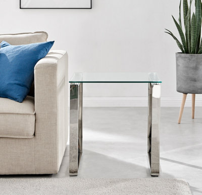 Miami Modern Square Clear Glass Side End Bedside Table with Square Silver Chrome Metal Legs for Living Room or Bedroom