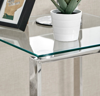 Miami Modern Square Clear Glass Side End Bedside Table with Square Silver Chrome Metal Legs for Living Room or Bedroom