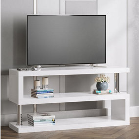 Miami TV Stand With Storage for Living Room and Bedroom, 1200 Wide, S-Shape Design, Media Storage, White High Gloss Finish