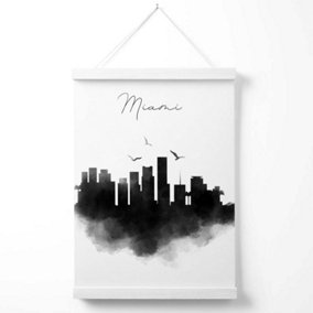 Miami Watercolour Skyline City Poster with Hanger / 33cm / White