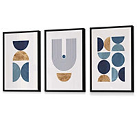 Mid Century Geometric Wall Art Prints in Blue and Gold / 42x59cm (A2) / Black Frame