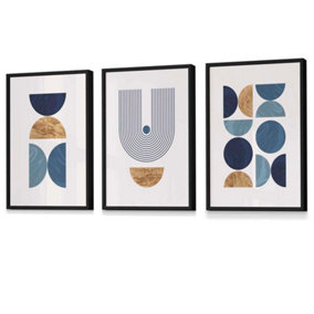 Mid Century Geometric Wall Art Prints in Blue and Gold / 42x59cm (A2) / Black Frame