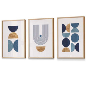 Mid Century Geometric Wall Art Prints in Blue and Gold / 42x59cm (A2) / Oak Frame
